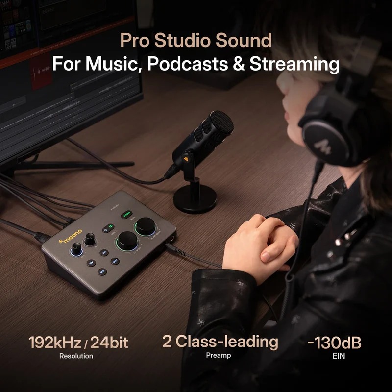 MAONO COMPLETE PODCAST STUDIO SETUP – 2× HD300 MICROPHONES + P2 AUDIO INTERFACE + 2× MH700 HEADPHONES - Thumbnail 5