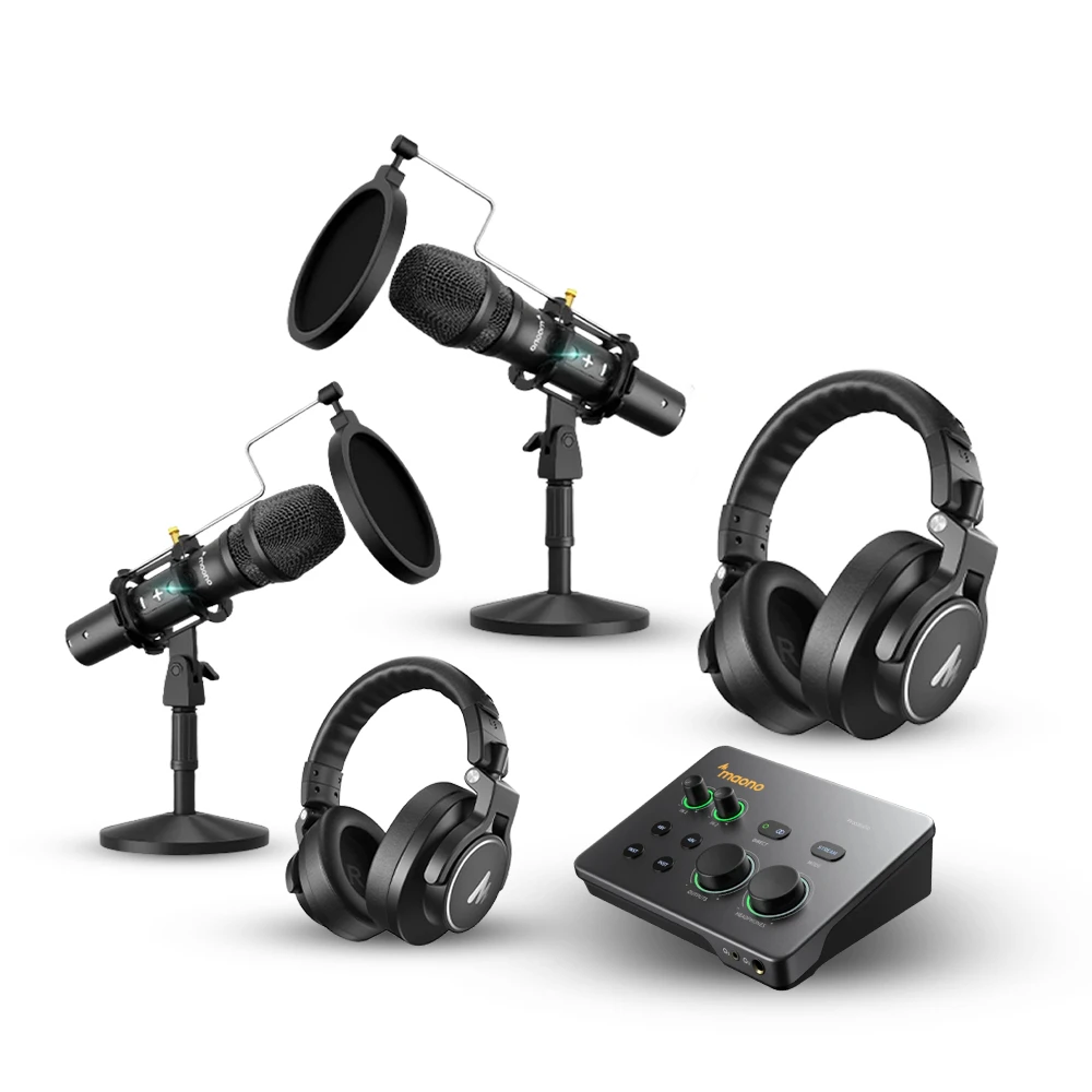 MAONO COMPLETE PODCAST STUDIO SETUP – 2× HD300 MICROPHONES + P2 AUDIO INTERFACE + 2× MH700 HEADPHONES